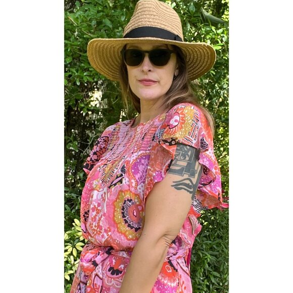 Banjanan Printed Mini Dress Flutter Sleeve Tassel Trim Floral Pink Red Large Boh - Picture 2 of 16